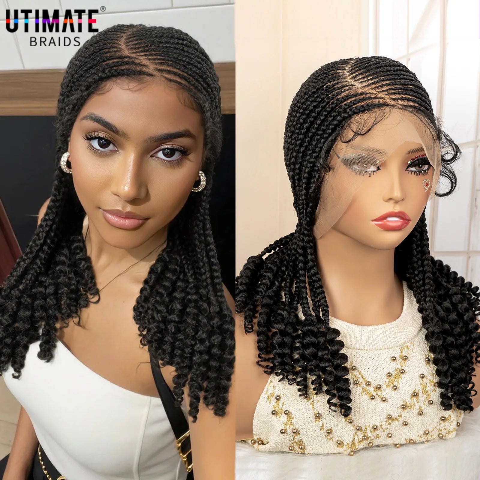Full Lace Braided Wig with Curly Ends Synthetic Cornrow Braids Wig for Black Women Lace Frontal Afro Knotless Braiding Wigs Main image
