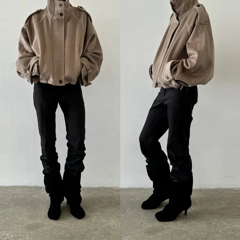 Casual Solid Loose Jackets Women Fashion Full Sleeve Single Breasted Stand Collar Short Coats Female 2025 Autumn Lady Outwears