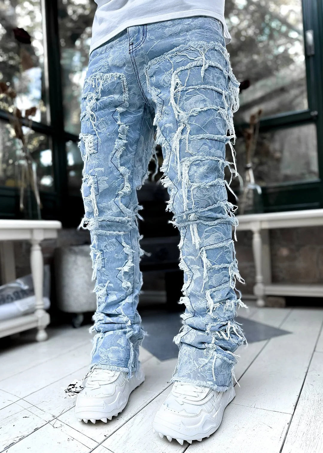 Men's Regular Fit Stacked Jeans Ripped Slim Fit Patch Distressed Destroyed Straight Denim Pants Hip Hop Streetwear Trouser Cloth Main image