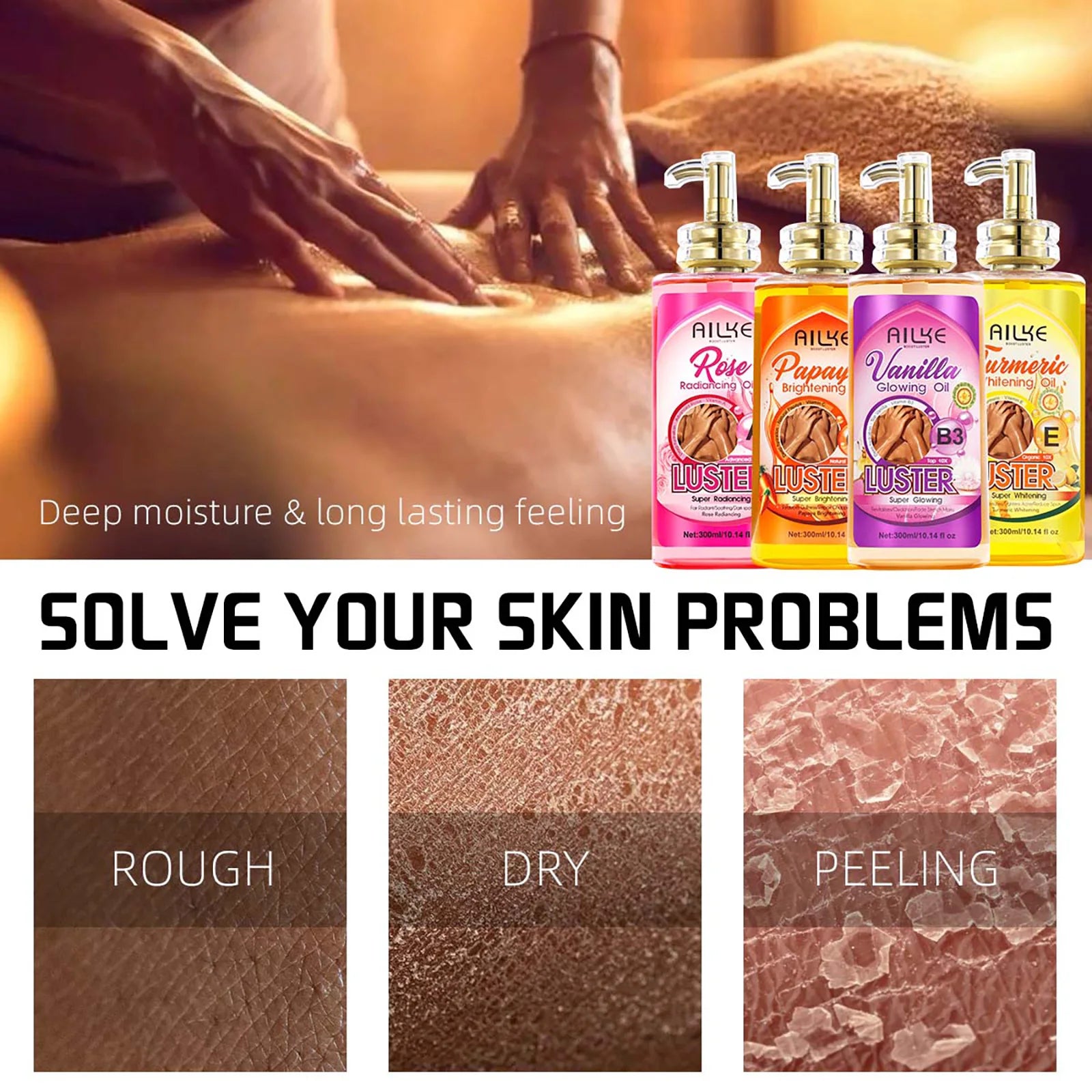 AILKE Whitening Body Oil, Moisturizing, Nourishing, Smooth Skin, Reduce Dark Spots, Suitable For All Skin Types, 300ml