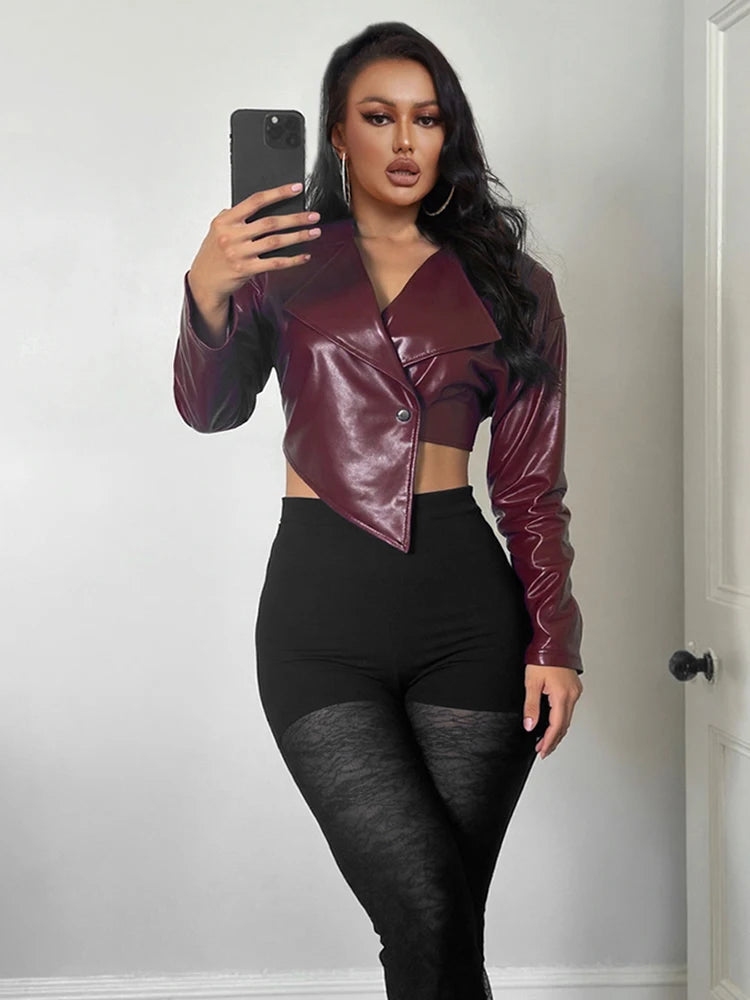 Sisterlinda Faux Leather Single Button Crop Jacket Women Autumn Trend Cross Neck Full Sleeve Wild Style Classic Streetwear Coat