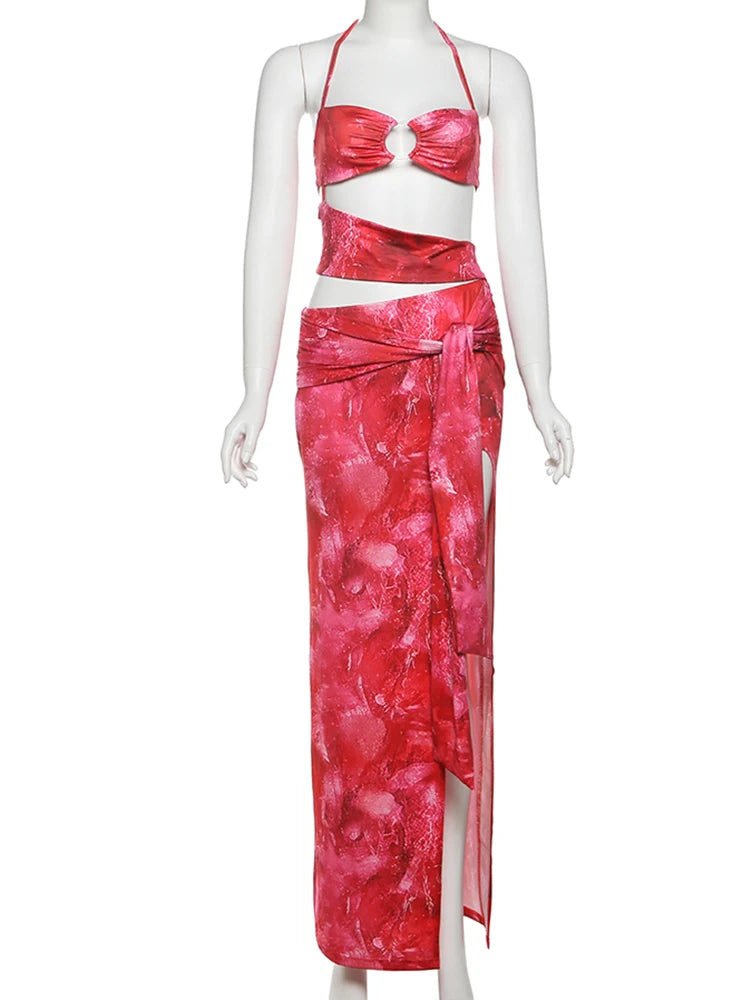 Weird Puss Tie-Dye Print Dress Women Bandage Halter Backless Irregular Hollow Ruched Knot Tie-Dye Ribbon Slits Sexy Long Bodycon