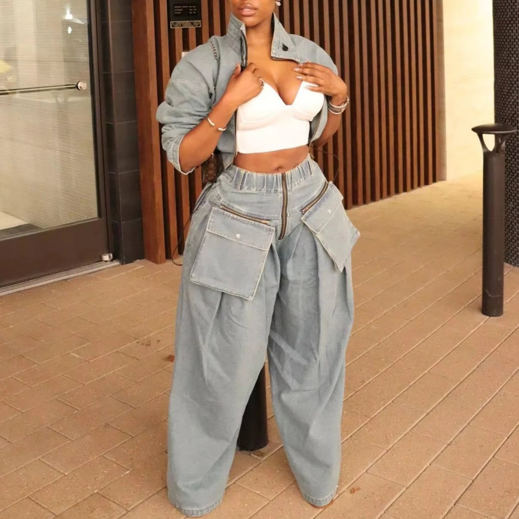 Denim Two Piece Sets Women Coat Jacket Wide Leg Pants Jeans Suits Matching Sets Trousers Outfits 2025/2026 Y2k Streetwear Party