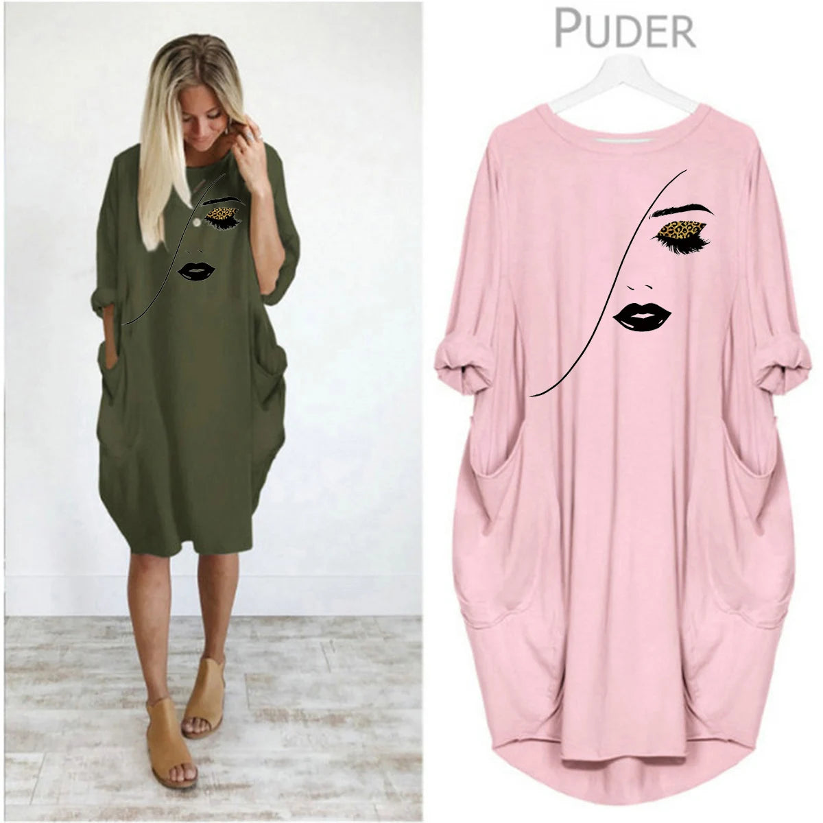 Women's Spring and Summer Sketched Portrait Pattern Printed Casual Fashion Loose Large Size Long Sleeve Pocket Dress Secondary image