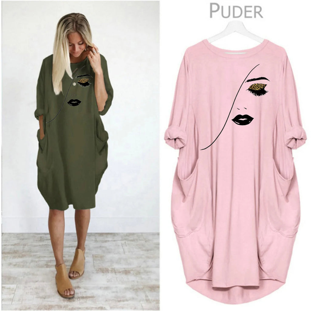 Women's Spring and Summer Sketched Portrait Pattern Printed Casual Fashion Loose Large Size Long Sleeve Pocket Dress