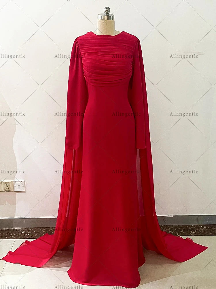 Pink Long Sleeves Mermaid Prom Dresses robes de soirée A-line Pleats Evening Dress Floor-Length Wedding Guest Dress Customized