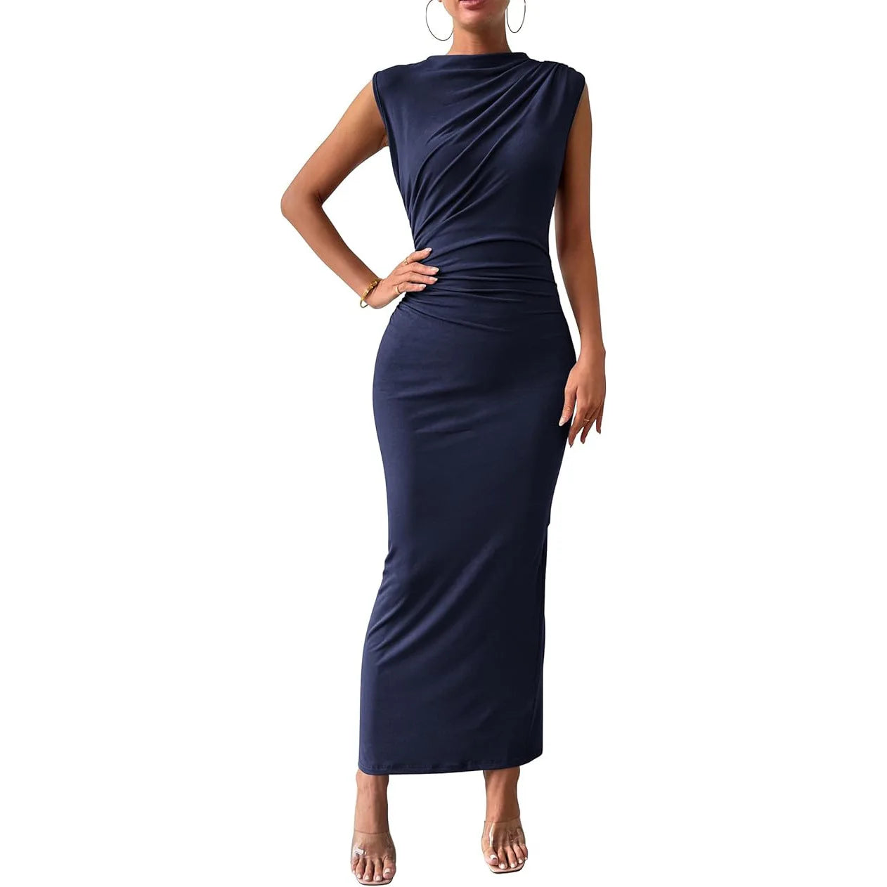 Women Plus Size Elegant Ruched Bodycon Dress Euro Sexy Sleeveless Layering Stretchy Coat Inner Party Outfit Fashion Basic Dress