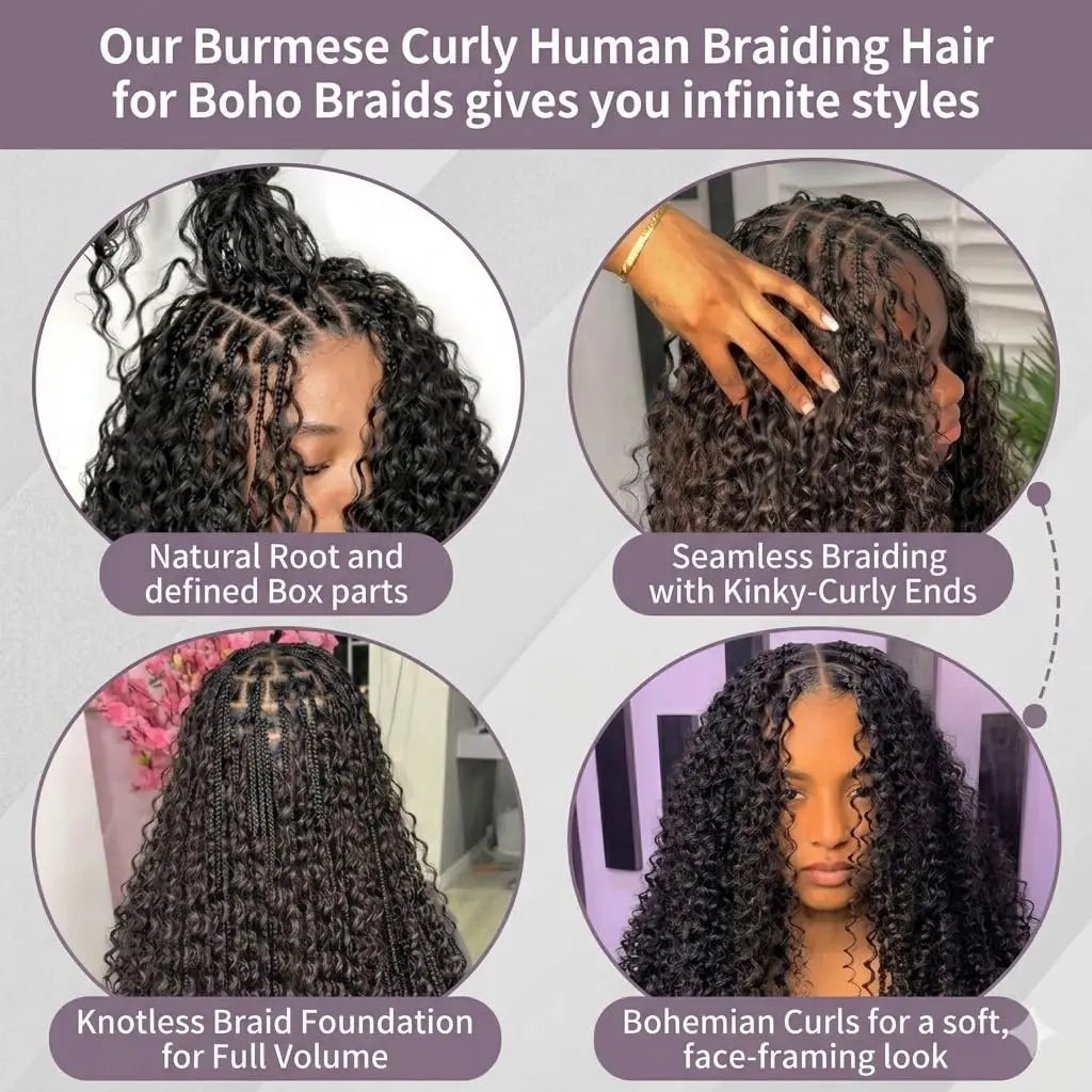 Human Hair Bulk Boho Braids Burmese Curly Bundles Human Hair Bulks For Bohemian Knotless Braiding Virgin Crochet Hair Extensions