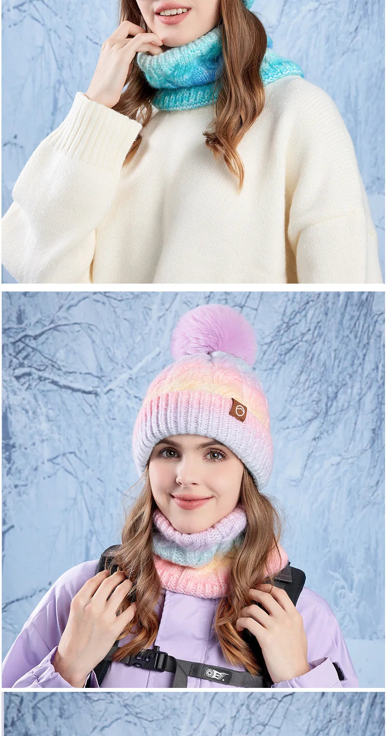 Winter Lady Warm Hat Scarf Two-piece Set Fleece Thickened Gradual Change Color Knitted Skiing Hat Fashion Pullover Hat for Women