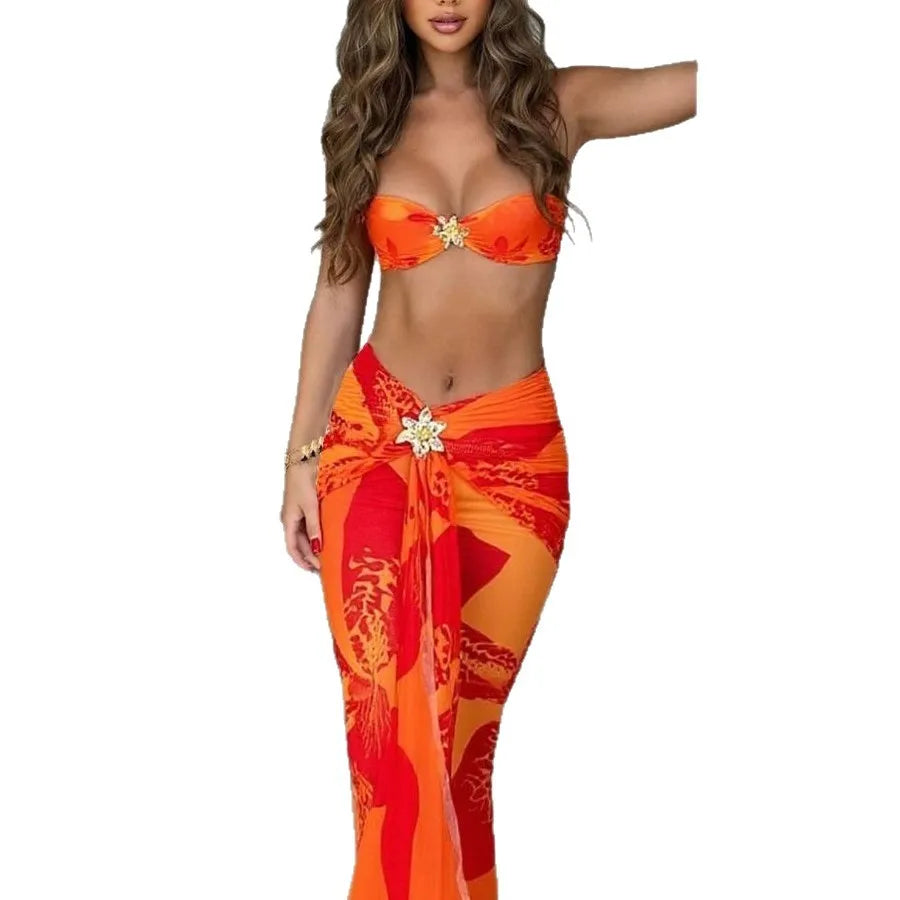 2025 New Bikini Three-Piece Set Metal Accessories High-End Beach Photo Shoot Strapless Fish Tail Long Skirt Sexy Swimwear