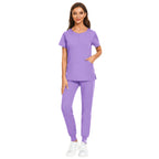 Wholesale 7 Colors Zipper V-neck Short Sleeve Pocket Nursing Working Top Pants Uniform Solid Breathable Soft Women Wear Suit