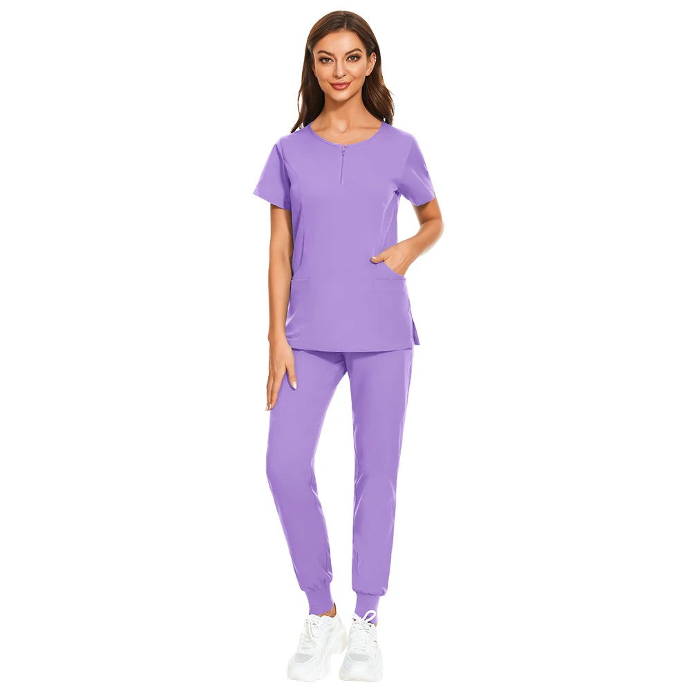 Wholesale 7 Colors Zipper V-neck Short Sleeve Pocket Nursing Working Top Pants Uniform Solid Breathable Soft Women Wear Suit