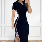 Elegant Summer Women Dress O Neck Side Slit Slim Solid Color Short Sleeves Striped Skinny Maxi Dress