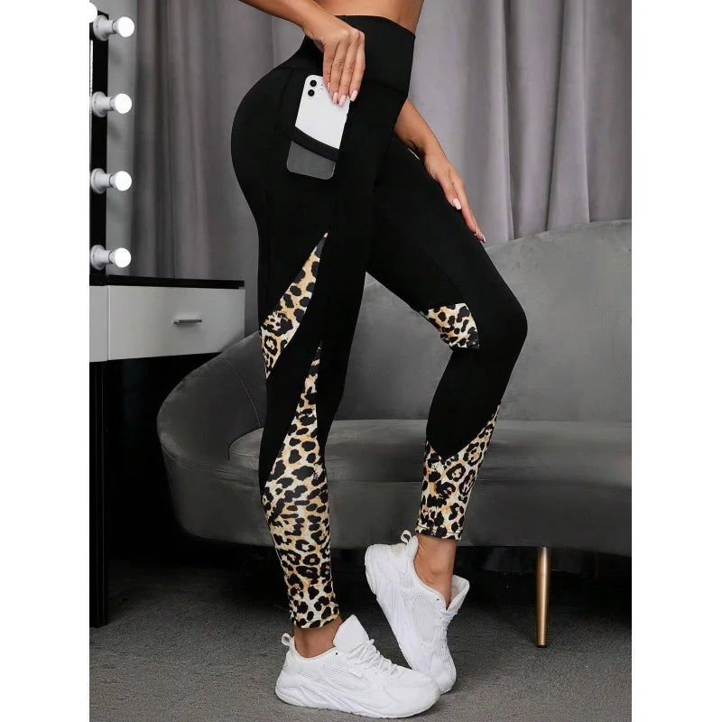 Women Printed Yoga Leggings Leopard Splicing Together Leggings High Waist Butt Lift Fashion Fitness Running with Pocket Legging Main image
