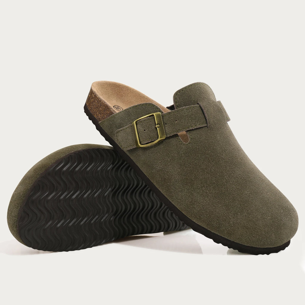 Comwarm Fashion Men's Suede Mules Slippers New Women Clogs Cork Insole Sandals With Arch Support Outdoor Beach Slides Home Shoes
