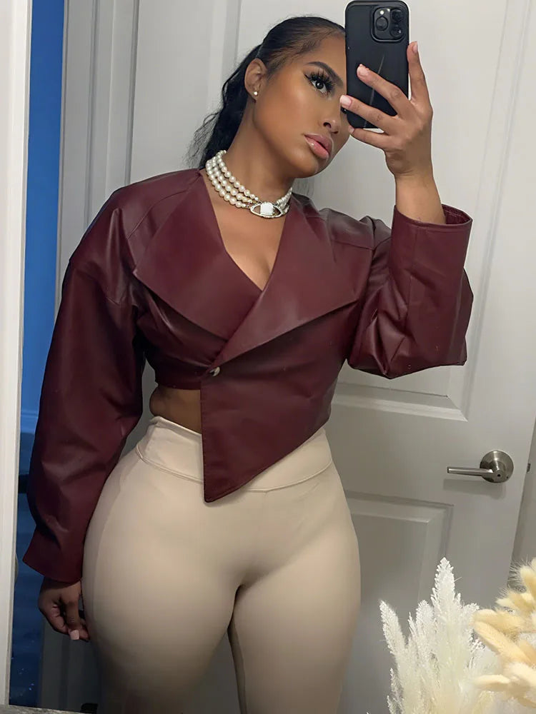 Sisterlinda Faux Leather Single Button Crop Jacket Women Autumn Trend Cross Neck Full Sleeve Wild Style Classic Streetwear Coat
