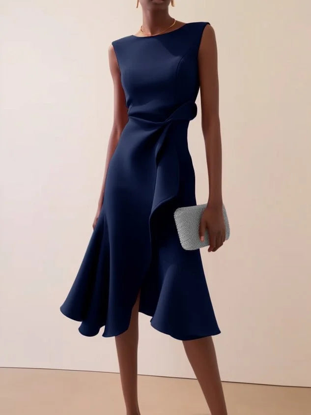 Women Sleeveless Solid Color Round Neck Midi Dress Elegant Slim Fit Formal Party Outfit Fashion 2025 New Arrival