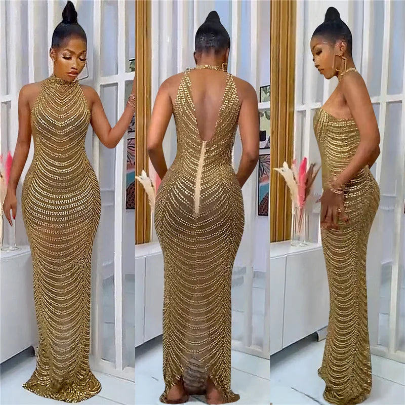 Sparkly Crystal Rhinestone Bodycon Maxi Dress Women Wedding Evening Backless Mesh See Through Night Party Club Birthday Dress