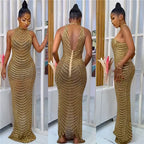 Sparkly Crystal Rhinestone Bodycon Maxi Dress Women Wedding Evening Backless Mesh See Through Night Party Club Birthday Dress