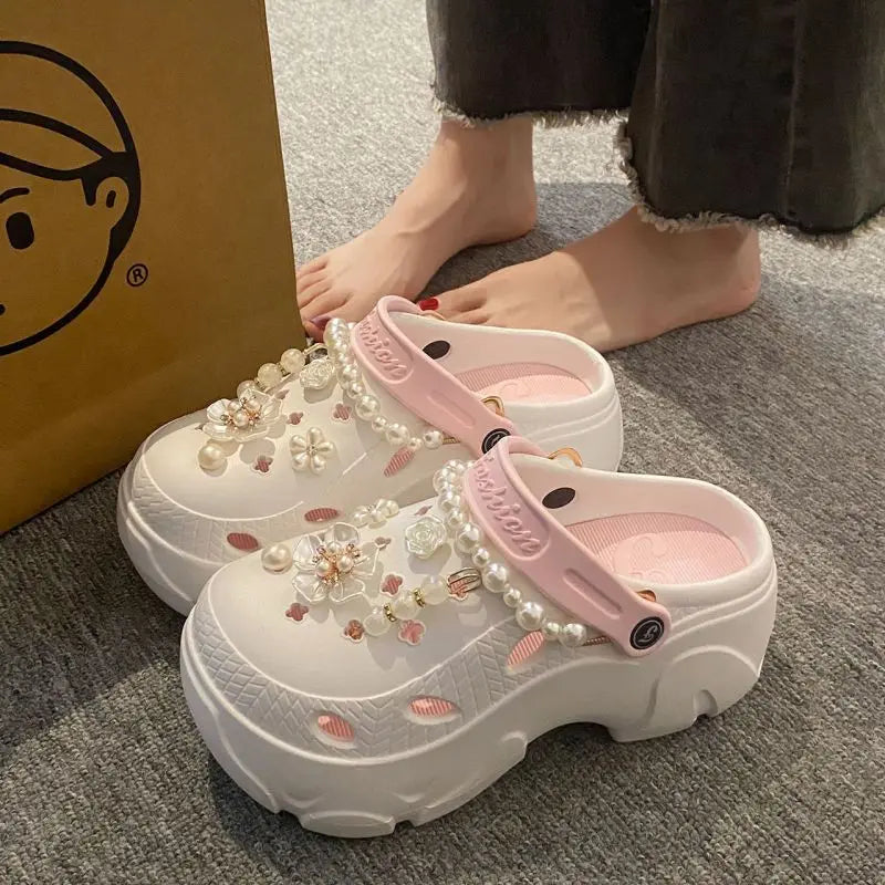 Summer Fashion Pearl Chain DIY Clogs Women 2025 Chunky Platform Slip On Sandals Women Thick Bottom EVA Slippers Shoes Woman Heel