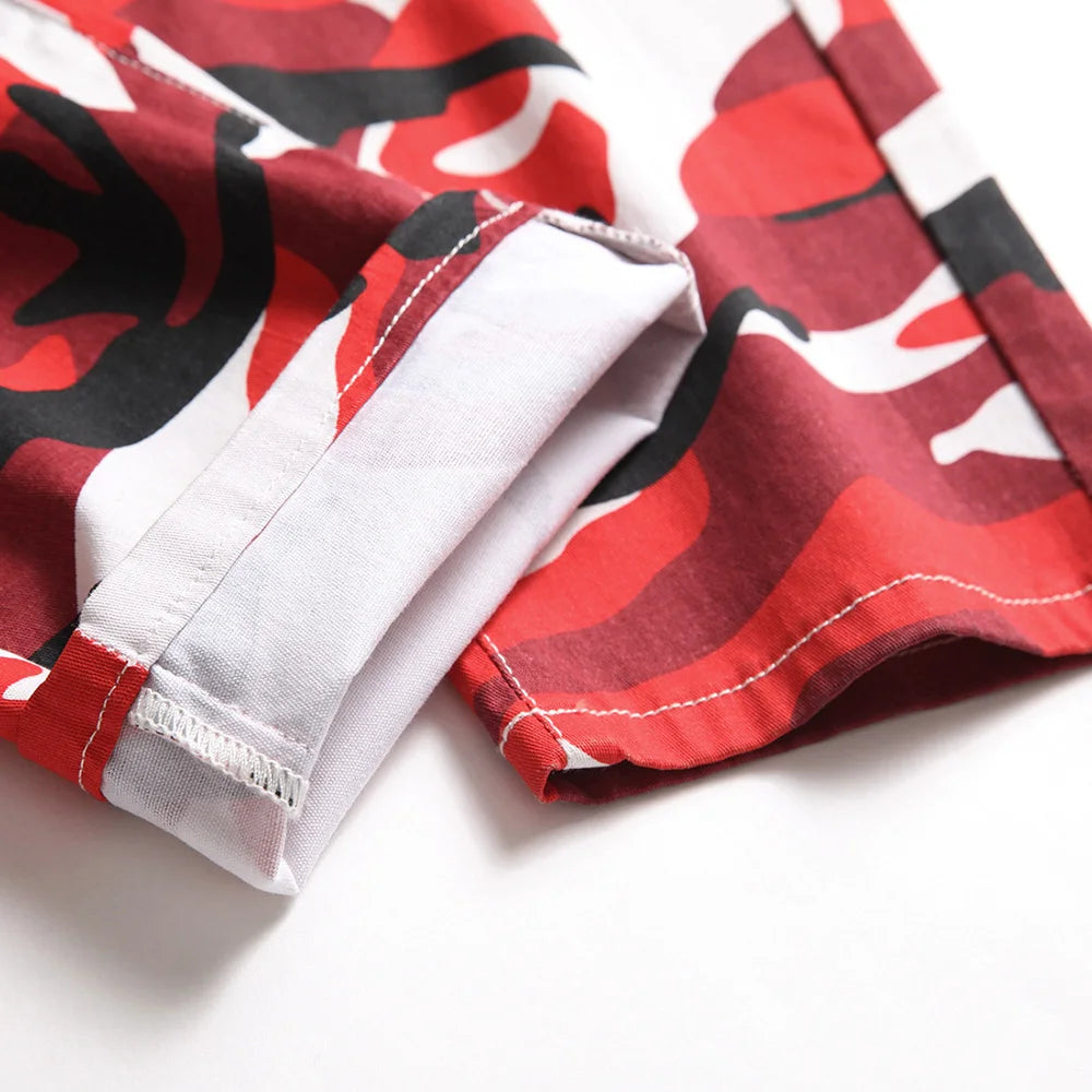 Men Red Camouflage Print Jeans Casual Slim Straight Pants Contrast Color Streetwear Trousers