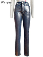 Fashion Hot Silver Skinny Jeans Women High Waist Washed Slim Stretch Denim Pencil Pants Cowboy Punk Trousers Streetwear Harajuku