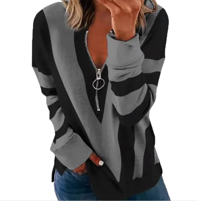 Autumn Winter Blouse Shirts Women Zipper V-Neck Striped Shirts Loose Long Sleeve Tops Fashion Female Tee Street Clothes Main image