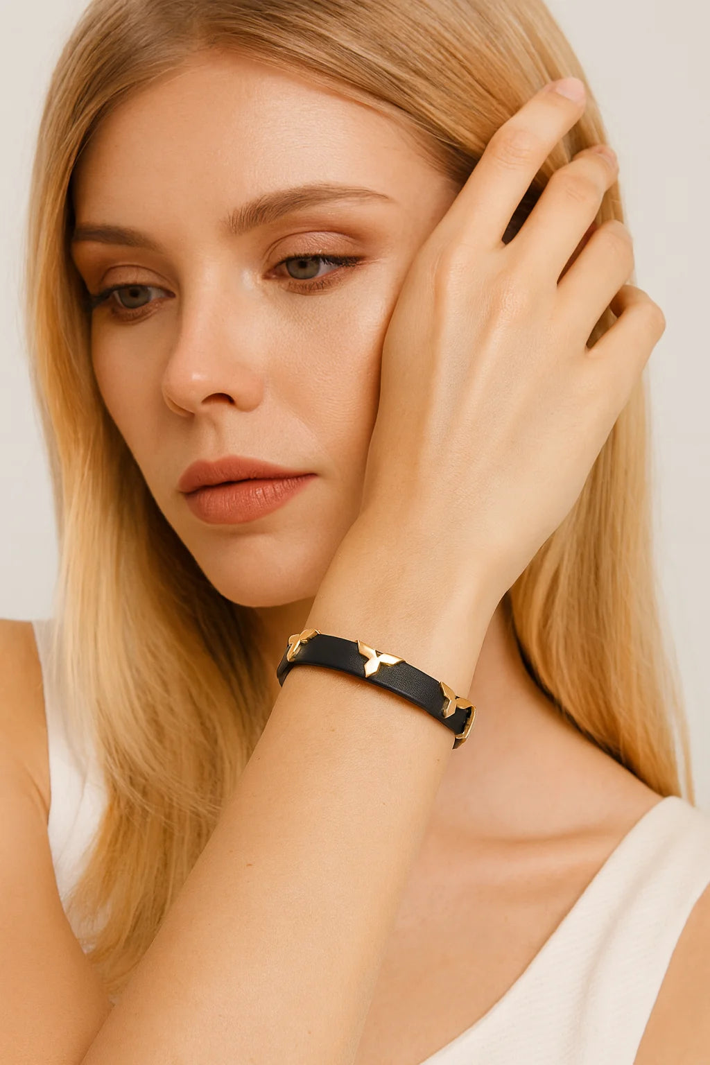 Fashion Leather Bracelet for Women Men with Gold Tone Butterfly Studs, Adjustable Wristband, 6 Colors Available, Trendy Gift