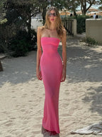 Hugcitar Elegant Women Solid Strapless Backless Bandage Sexy Bodycon Maxi Dress Summer Women Y2K Clothes Beach Vacation Party