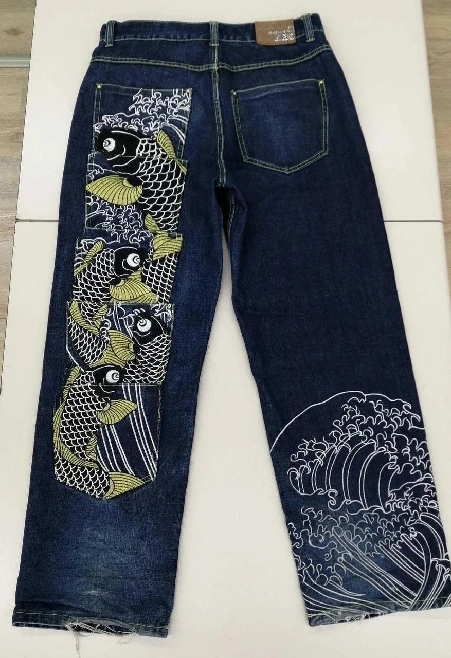 American Japanese Retro Selvedge Jeans Man Y2K High-end Brand Natural Indigo Dip Dyeing Harajuku Mopping Pants