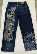 American Japanese Retro Selvedge Jeans Man Y2K High-end Brand Natural Indigo Dip Dyeing Harajuku Mopping Pants