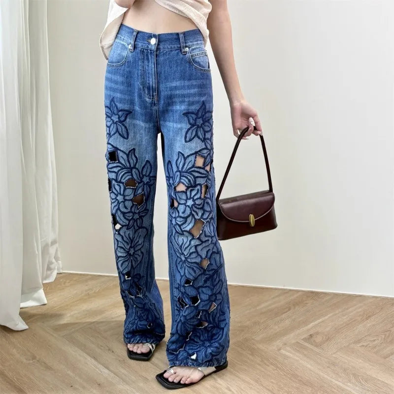 Summer Women Jeans Floral Embroidery Straight Trousers Designer Streetwear Casual Hollow Out Vintage High Waist Denim Long Pants