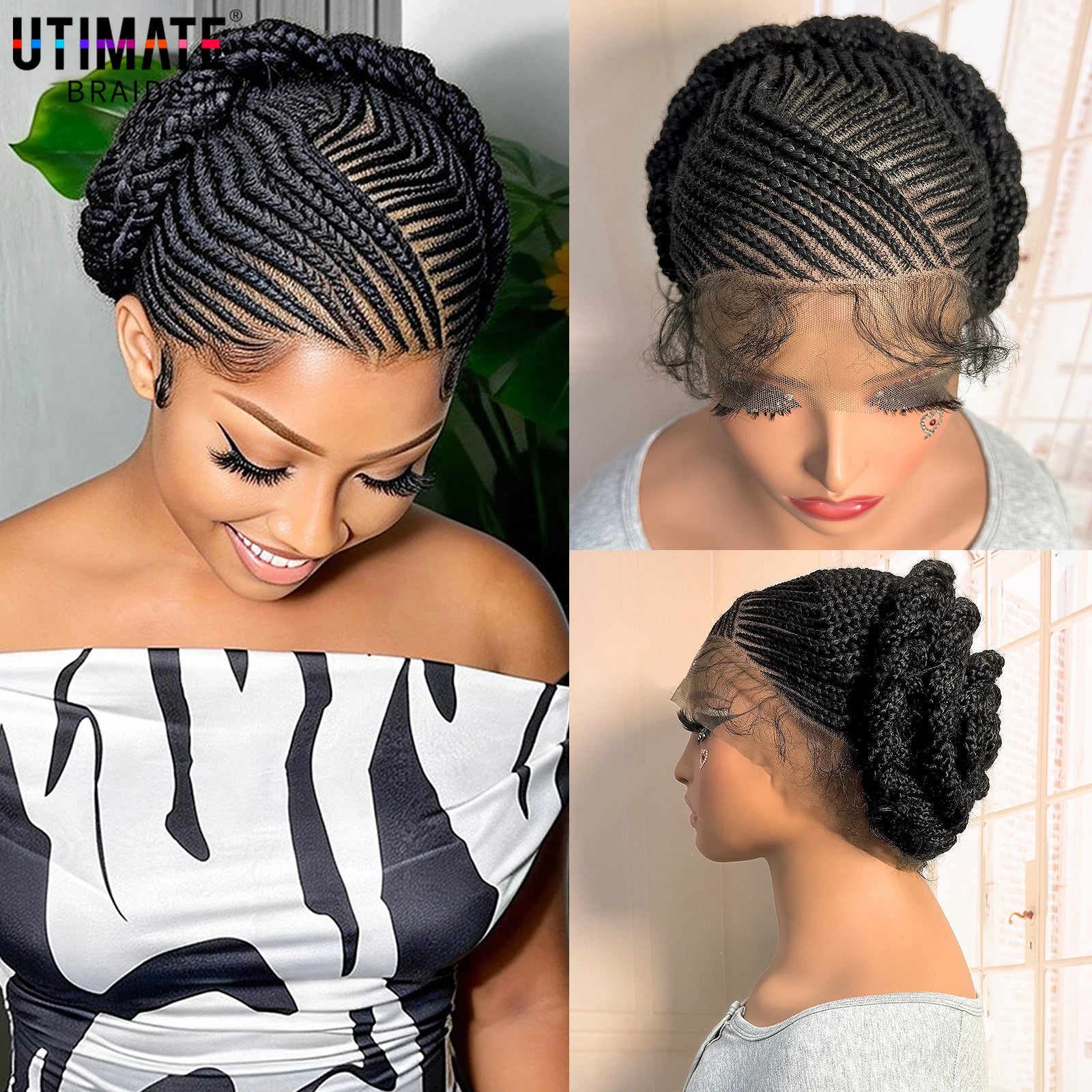 Short Full Lace Braiding Wig Synthetic Cornrow Knotless Box Braided Wigs Natural African Bantu Braids Wig for Black Women Main image