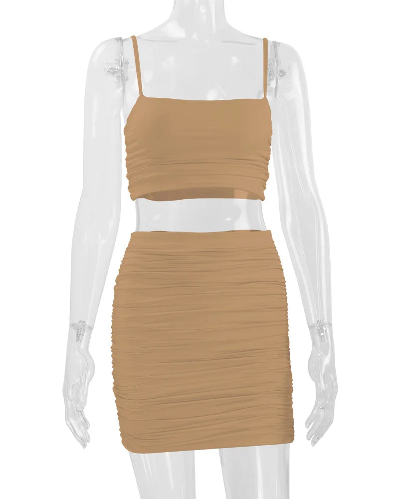 Women's New Sexy Sleeveless Strap Small Tank Top Short Top Fashion Wrinkle Bag Hip Skirt Two Piece Set