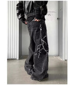 American High Street Y2K Style Thorn Lightning Embroidery Wide-Leg Jeans for Men, Niche Hip-Hop Loose Straight-Leg Flared Pants