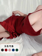 Red New Sling Sexy And Charming Ruffle Edge Bottom Split Smooth Surface Sleeveless Appear Thin Temperament Girl Long Dress 👗