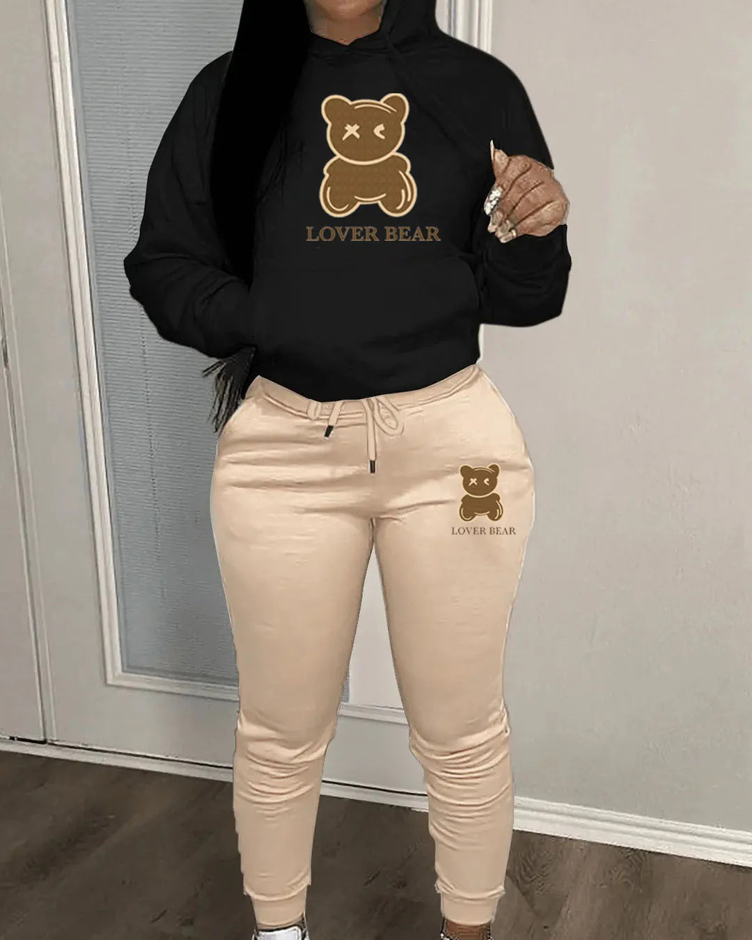 2 Piece Set Women Outfit Letter Bear Print Hooded Neck Hoodies Sweatshirt Pants Tracksuit 2024 Plus Size Streetwear Casual Suit