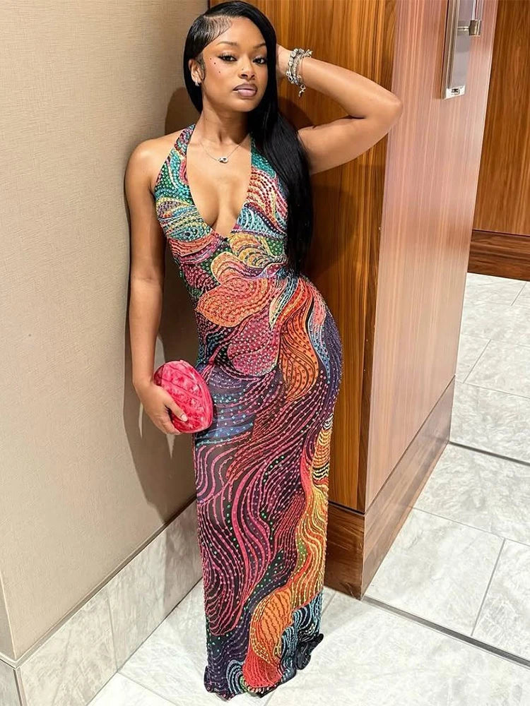 Weird Puss Diamond Print Dress Women Backless Split Colorful Halter Sexy Deep V-Neck Elegant Birthday Party Stretch Vestidos Main image