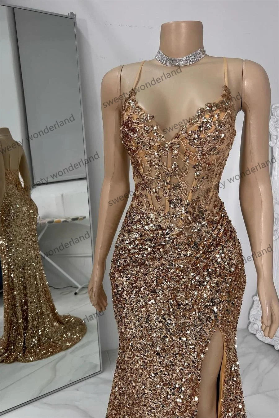 Gold Sequined Evening Dresses with Slit Mermaid vestidos de noche Spaghetti Straps Prom Dress Customized Wedding Party Gown Secondary image
