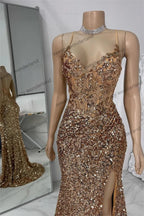 Gold Sequined Evening Dresses with Slit Mermaid vestidos de noche Spaghetti Straps Prom Dress Customized Wedding Party Gown