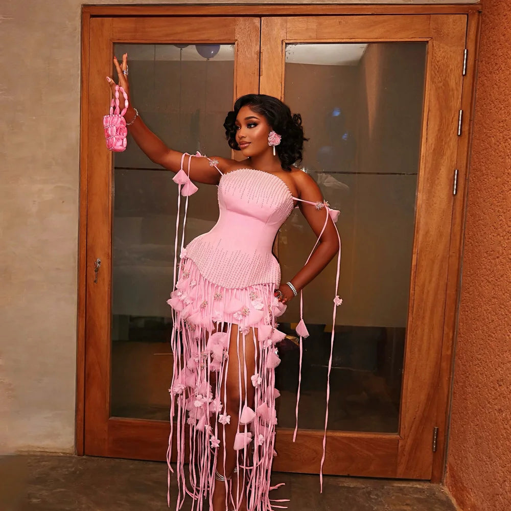 Pink Gorgeous Straight Cocktail Dress With Flowers Tassels Beads Luxury Birthday Dress African Sexy Evening Dresses Customized Main image