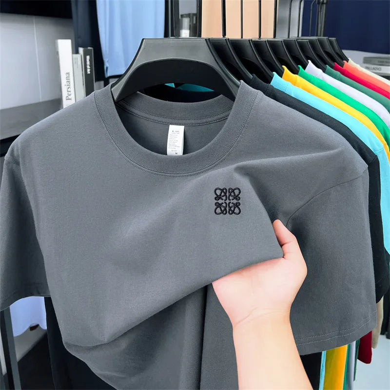 Summer Luxury 100%cotton Man Short-Sleeved T-Shirt Round Neck Delicate Embroidery Absorb Sweat Ventilate Leisure Men's Clothing