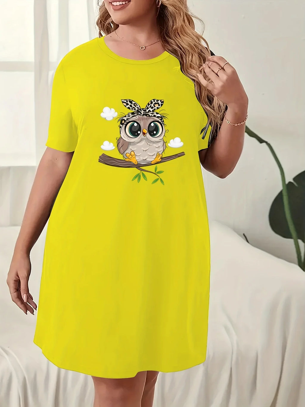 Plus Size Dresses Women's Nightgowns Round Neck Short Sleeve Dress Printed Owl Micro Stretch Oversized Dresses Women's Homewear