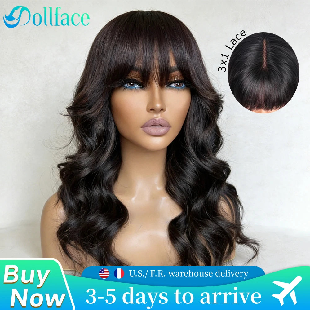 Body Wave Wigs with Bangs 3x1 Middle Part Lace Wig Human Hair Pre Plucked Body Wave Real Human Wigs with Bangs for Women 34 Inch Main image