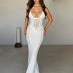 Fashion Solid V Neck Slim Fit Knit Maxi Dress Elegant Hollow Out Lace Up Backless Gown New Lady Summer Vacation Beach Vestidos