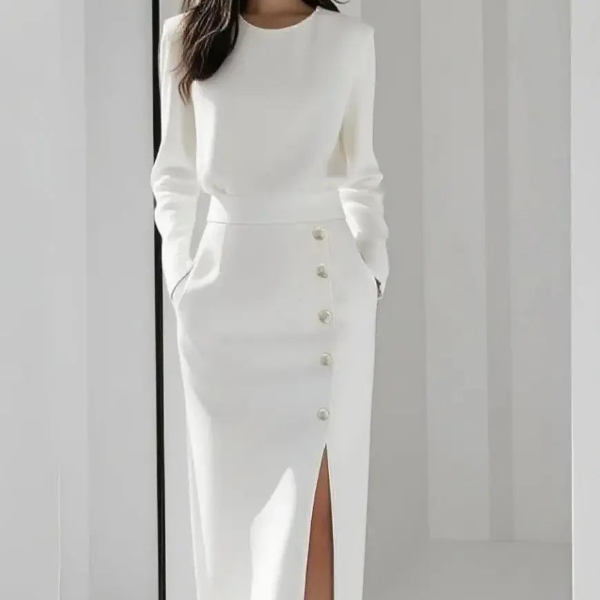 Women's  Solid Color Long Sleeves Elegant Midi Dress with Button Details and Side Slit - Crew Neck