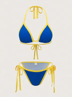 Women's Sexy Bikini Set With Color-Blocked Side Panels And Adjustable Side Ties, Summer Beach Vacations,Swimsuits For Woman