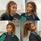250Density Deep Wave Human Hair Wig 360 Full Lace Front with Hidden Strap 4/27 Blonde Highlights Pre Plucked Brazilian Curly Wig