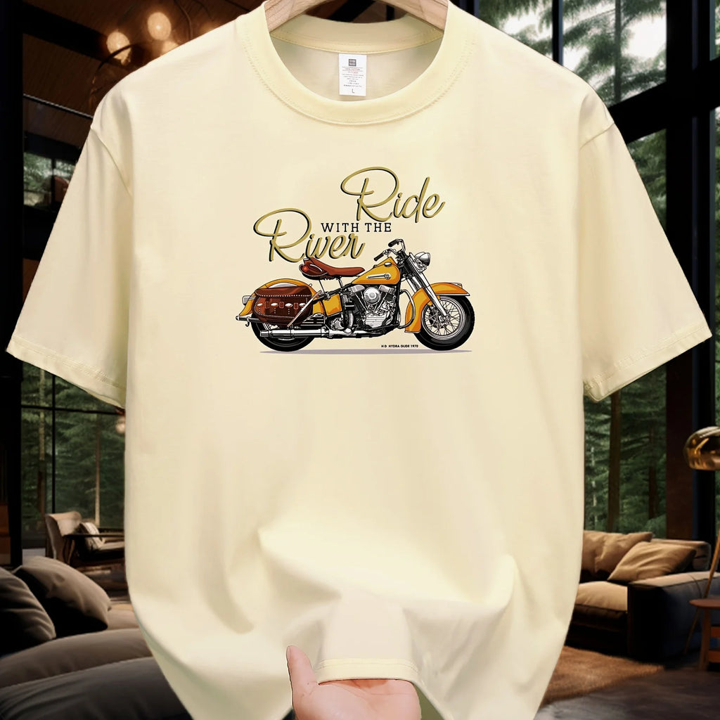 Men's Summer 100 Cotton Fashionable Casual Loose Large Size Classic Motorcycle Pattern Printed Round Neck Short Sleeve T-shirt