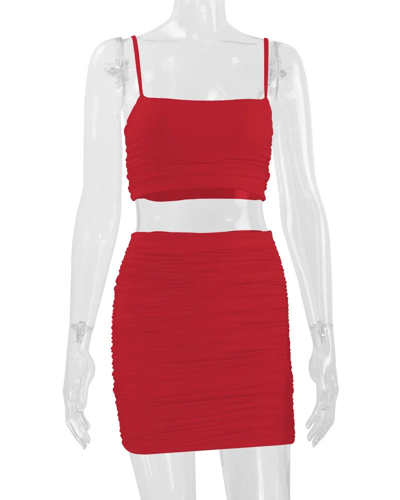 Women's New Sexy Sleeveless Strap Small Tank Top Short Top Fashion Wrinkle Bag Hip Skirt Two Piece Set